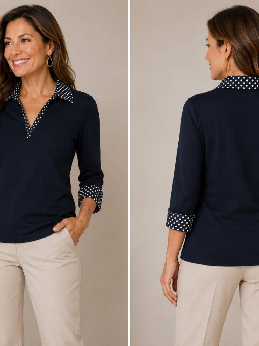 Karen Scott Navy Polka Dot Collar Cuff Long Sleeve Top Size LNavy Polka Dot Coll